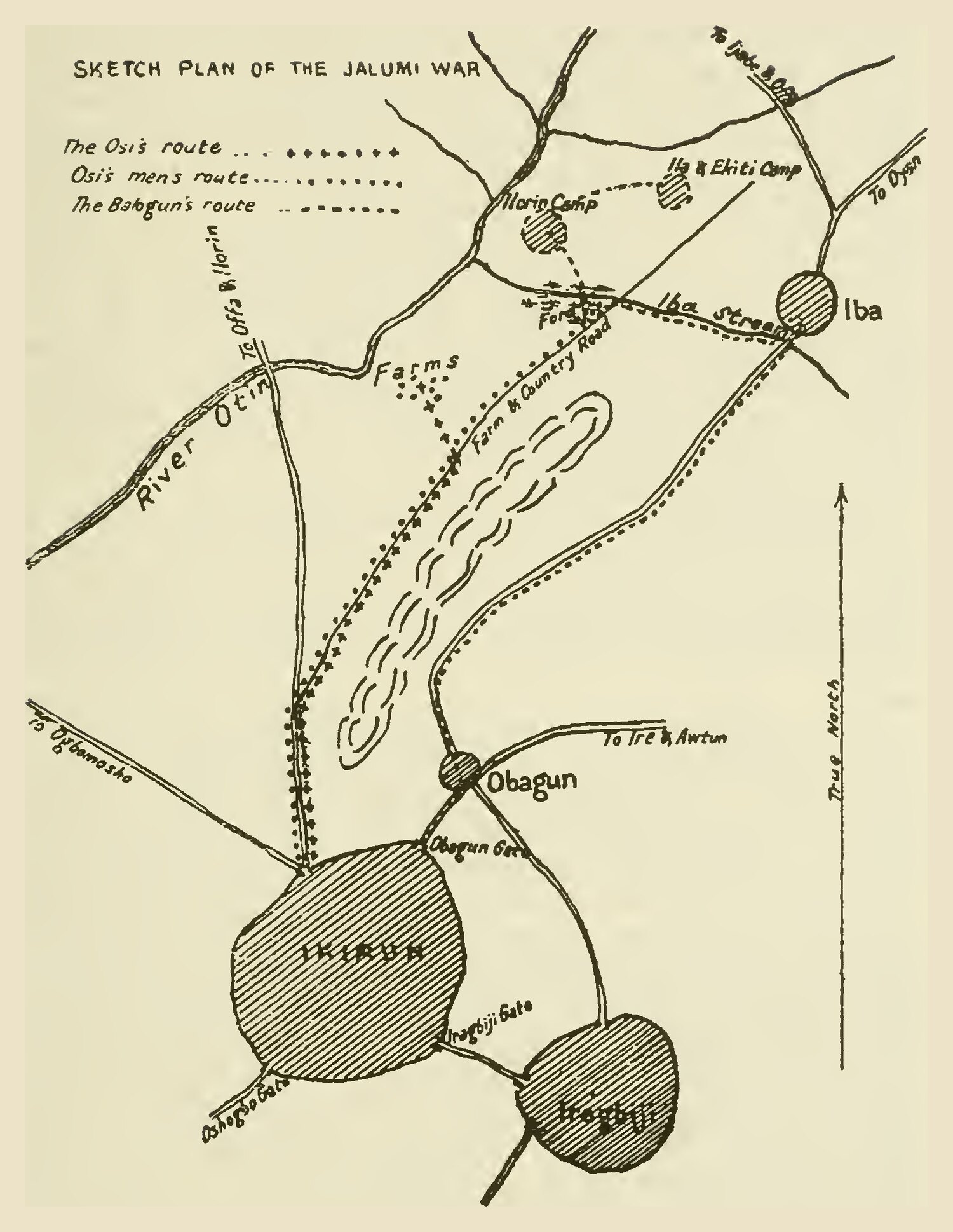 Hand-drawn battle map showing the towns of Ikirun, Obagun, Iragbiji and Iba, the Ilorin and Ekiti camps, the River Otin, the roads, and the marked routes of the Osi, the Osi's men and the Balogun, with a True North arrow.
